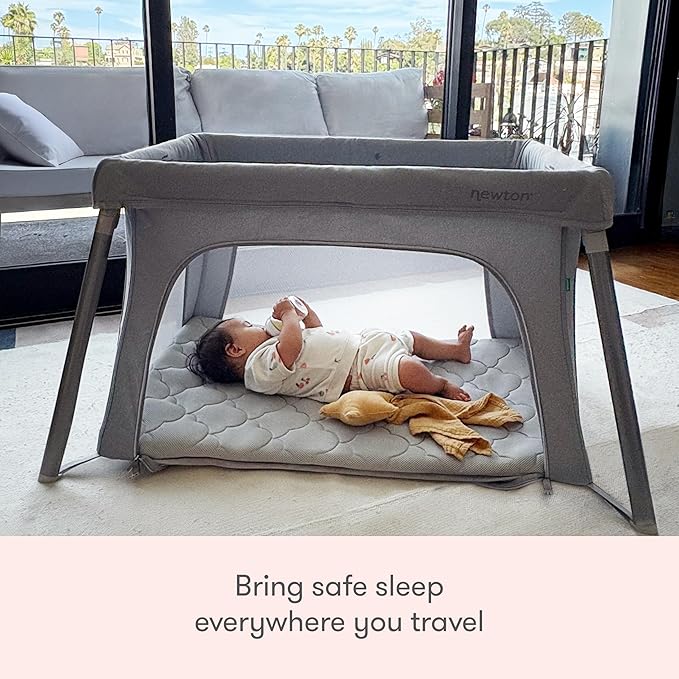 Newton Baby Compact Travel Crib & Play Yard | Breathable & Washable Mattress, Foldable Carry-On Size, Backpack Straps, Grey, Newton Bassinet Attachment NOT Compatible