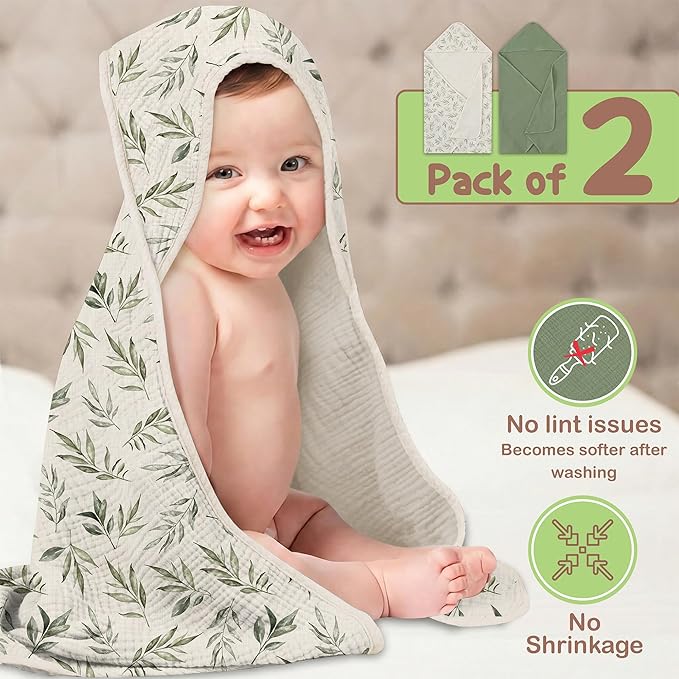 100% Organic Cotton Muslin Baby Hooded Towels 32x32 Inch – 2 Pack Soft & Absorbent Baby Hooded Towel Wrap for Boys & Girls, Premium Hooded Towels, Gentle Baby Essentials in Deep Green/Floral