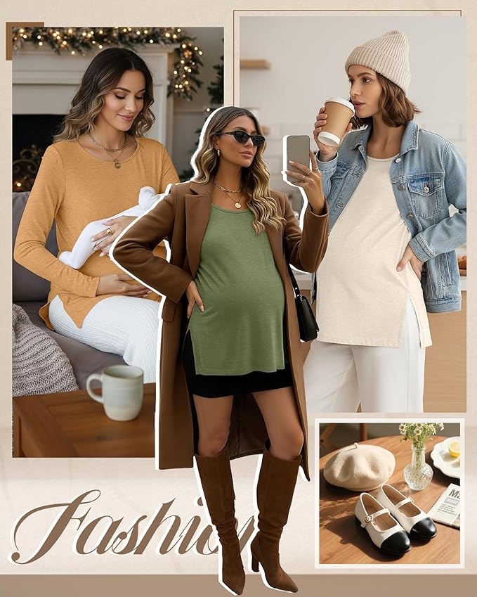 Riyiper 3 Pack Women's Maternity Long Sleeve T-Shirts Round Neck Side Split Tops Loose Casual Pregnancy Mama Clothes Fall