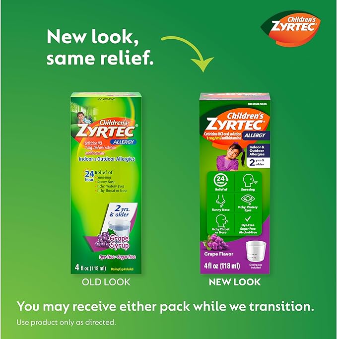 Children's Zyrtec 24 Hour Allergy Relief Syrup, 5 mg Cetirizine Hydrochloride Antihistamine, Kids Allergy Medicine for Indoor & Outdoor Allergy Relief, Dye- & Sugar-Free, Grape, 4 fl. oz