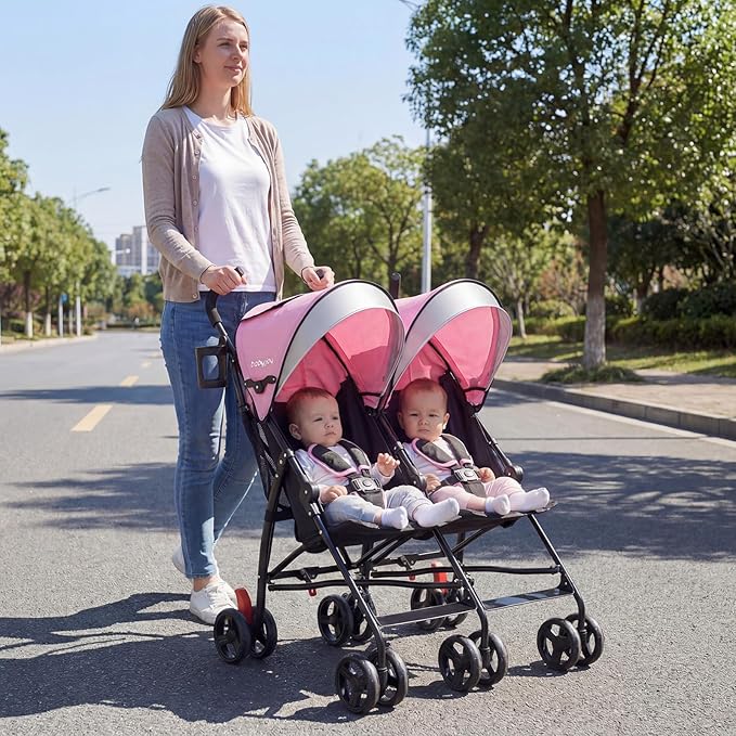 BABY JOY Double Umbrella Stroller, Lightweight Travel Side by Side Twin Stroller with Large Storage, Cup Holder, 5-Point Safety Harness, Adjustable Canopy & Compact Fold for Infant and Toddler (Pink)