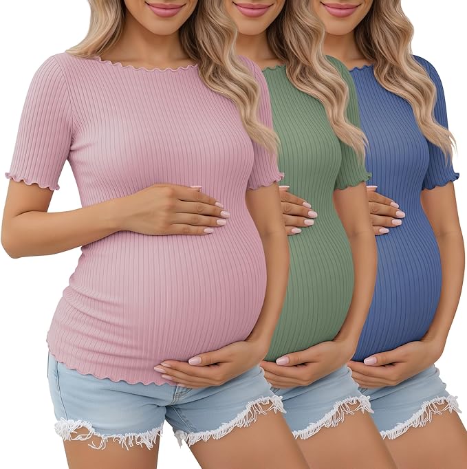 3 Pack Women's Maternity Ribbed Shirts Cotton Short Sleeve Pregnancy Tops Boat Neck Lettuce Trim Mama Clothes