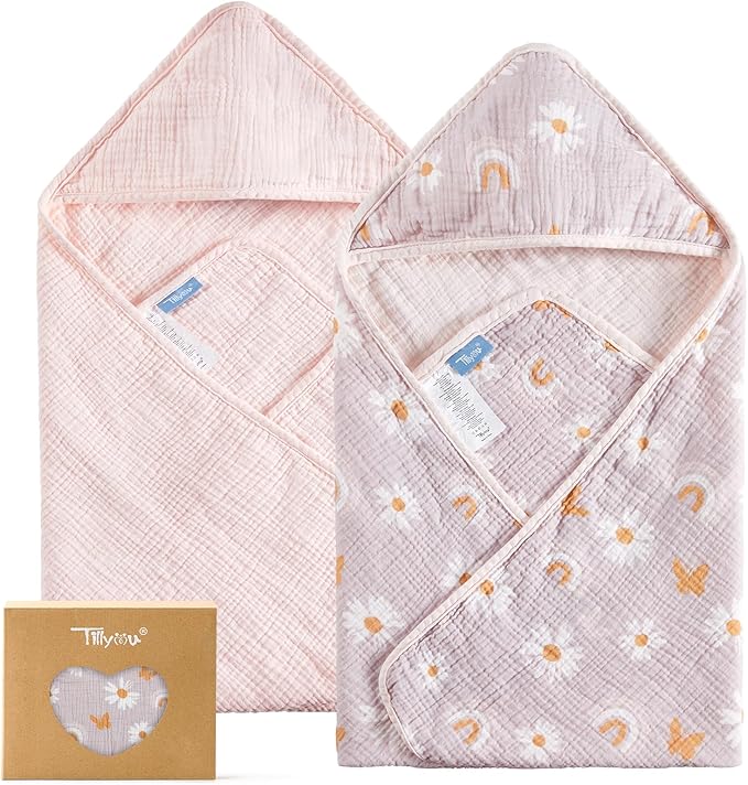 TILLYOU Muslin Hooded Baby Towels for Newborn 2 Pack, 32x32Inch Soft Baby Bath Towel Highly Absorbent for Newborn and Infant, Essential for Newborn Care, Pink Butterfly