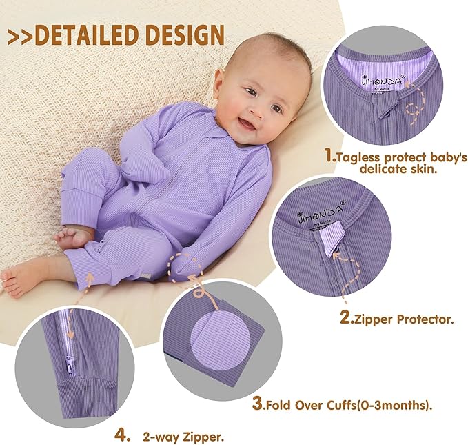 Jimonda Ribbed Rayon From Bamboo Baby Boys/Girls Sleepers, 2-Way Zipper Long Sleeve Footless Pajamas With Mittens Soft Pjs