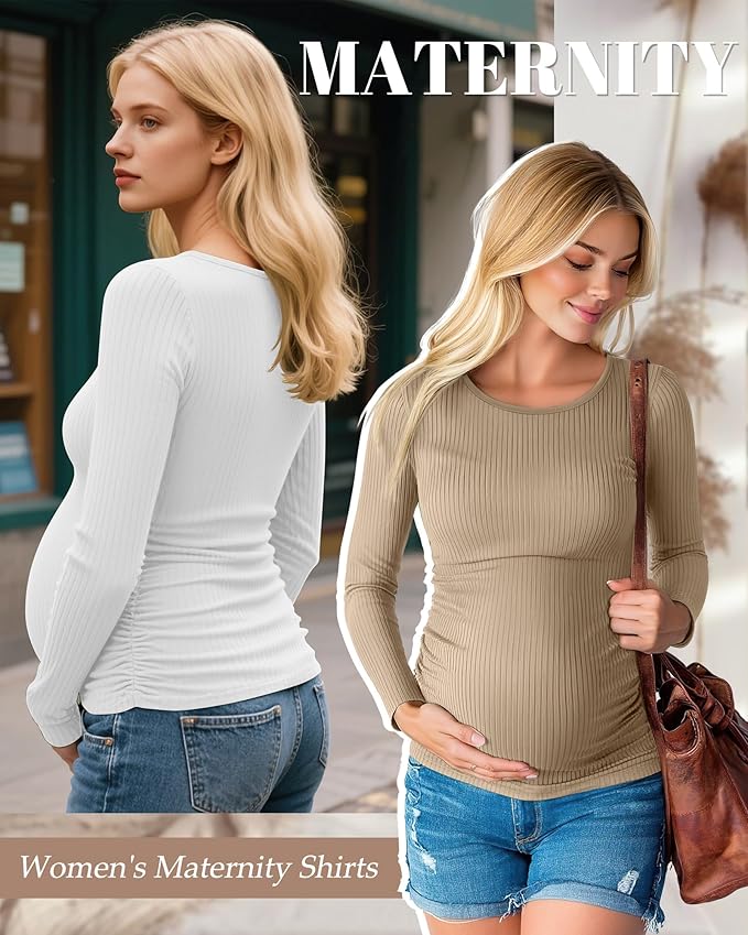 Huukeay 4 Pack Women's Maternity Shirts, Long Sleeve Cotton Ribbed Pregnancy Tops Side Ruched Crew Neck Casual Mama Clothes