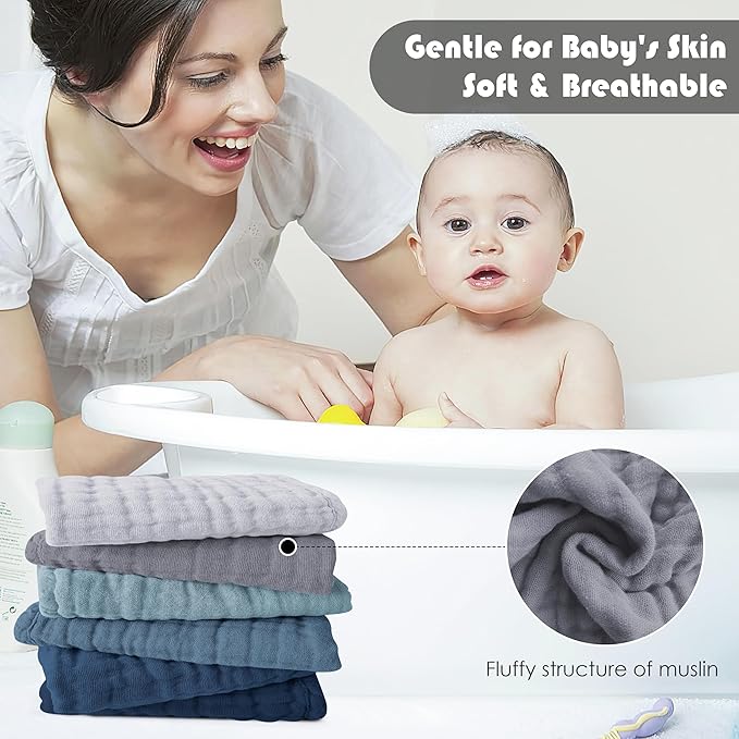 12 Pack Muslin Washcloths for Baby - 100% Cotton Baby Wash Cloths for or Baby Face Body Comfy and Soft for Newborn Infants Kids Girls and Boys - 12"x12" - Slate, Grey and Navy Series
