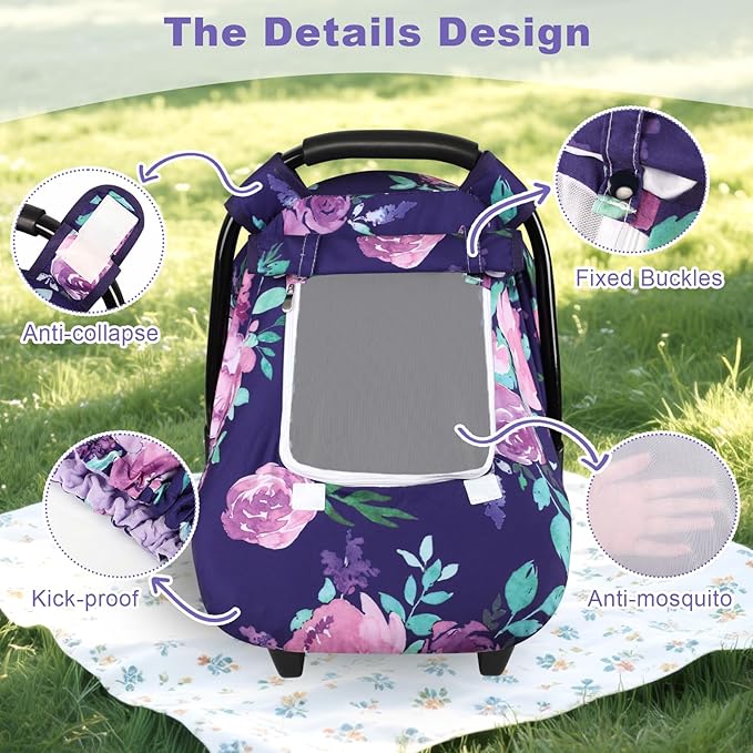 Windproof Baby Car Seat Cover, 3D Mink Dot Infant Car Seat Canopy with Breathable Mesh Window, Baby Carrier Cover for All Seasons, Easy Access Carseat Carrier Snug Fit Infant Stroller(Purple Flower)