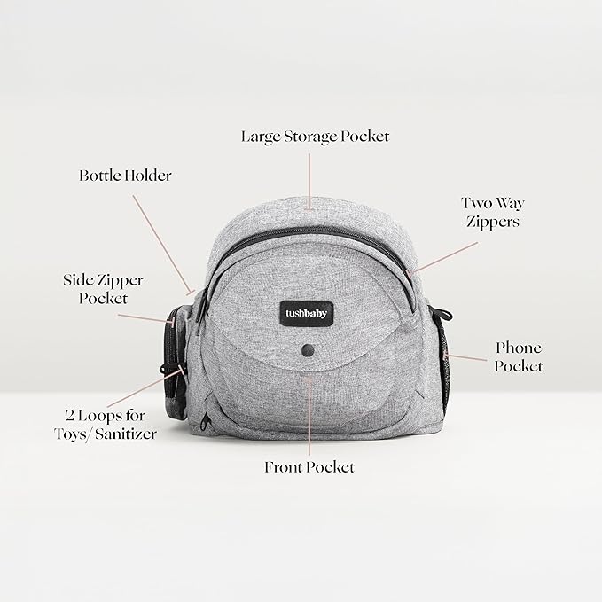 Tushbaby Original Hip Seat Baby Carrier for Babies & Toddlers up to 45 lbs, Safety Certified, Lightweight No-Foam Design with Storage & Nursing Support, Grey