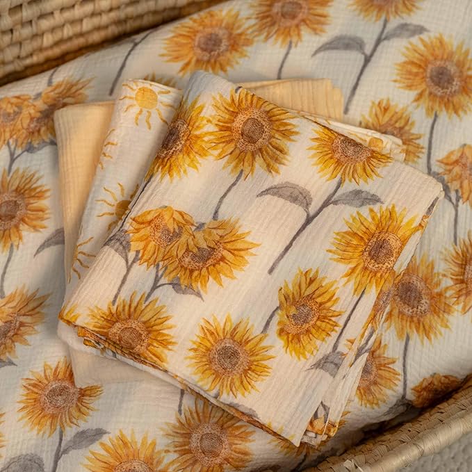 Muslin Swaddle Blankets for Newborn, 3 Pack Breathable Soft Receiving Blanket, Large 38 x 40 inches Swaddle Wrap Burping Clothes, Essentials Infant Shower Items, Toddler Gift (Sunflower)