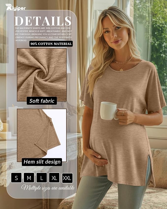Riyiper 3 Pack Women's Maternity Tunic Shirts Cotton Summer Pregnancy Clothes Loose Oversized Split Side Blouse Tops