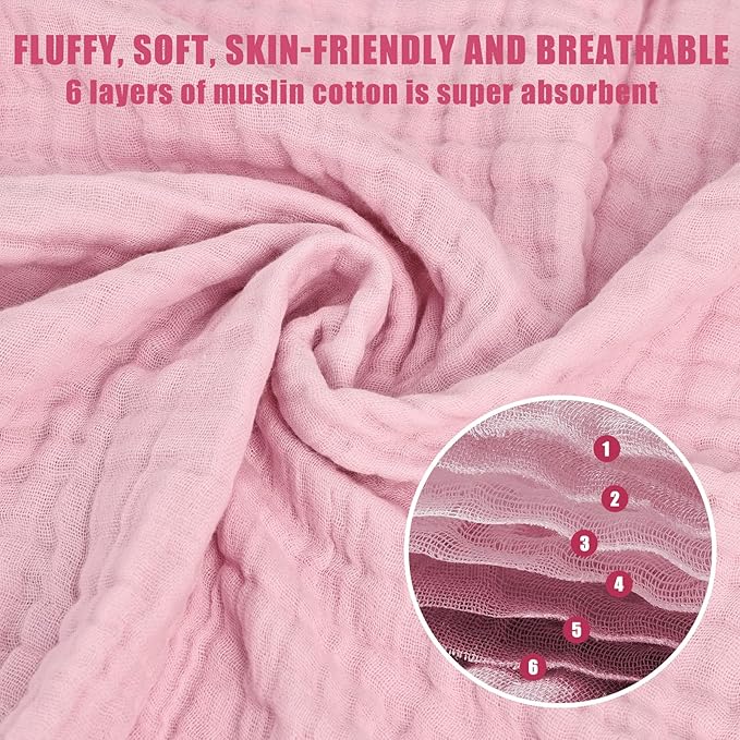 Muslin Baby Bath Towels Set 3 Pack Ultra Soft and Absorbent Baby Towels Infant Toddler Blanket Towel 6-Layer Natural Cotton Towel Suitable for Girl Boy 40x40 inches (White&Pink&Grey)