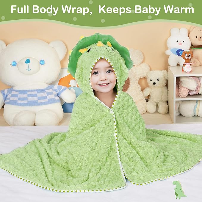 FIOBEE Toddler Bath Towel with Hood Baby Towels, 55x28 inch Large Soft Absorbent Kids Hooded Towels for 1-5 Years Old Baby Girls Boys Bath Beach Essentials Blanket, Green Dinosaur