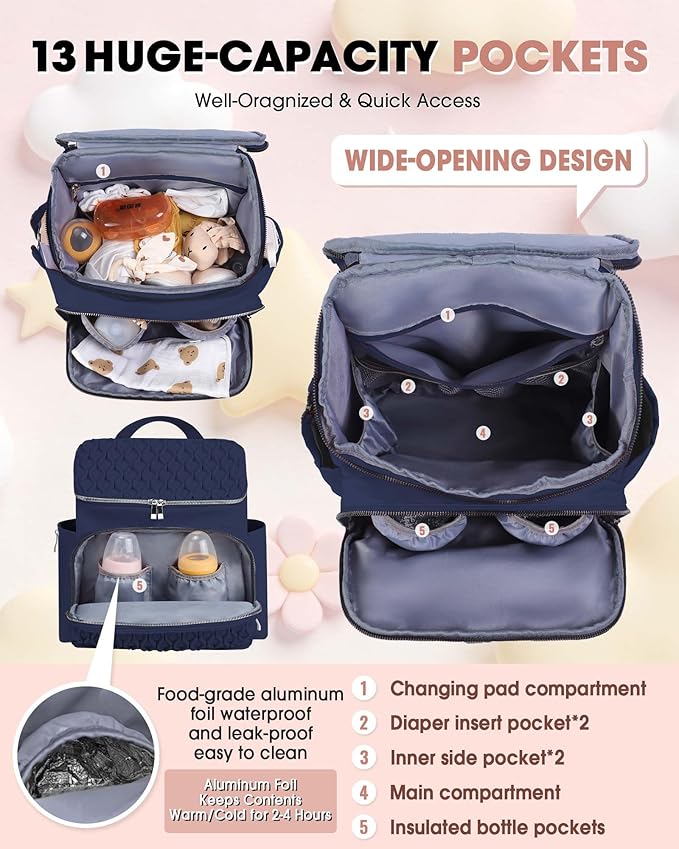 Baby Diaper Bag, Multi-Function Baby Bag for Mom Dad, Diaper Backpack with Changing Pad Stylish Pañaleras para Bebe Stroller Straps, Newborn Baby Essentials Must Haves for Women Navy blue