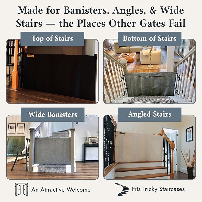 The Stair Barrier First Fabric Banister to Banister Baby Gates for Stairs 36”–42” Wide x 32” Tall– No Drill Baby Gate for Top or Bottom Staircase, Machine-Washable Climb Proof, Designed in USA, Grey