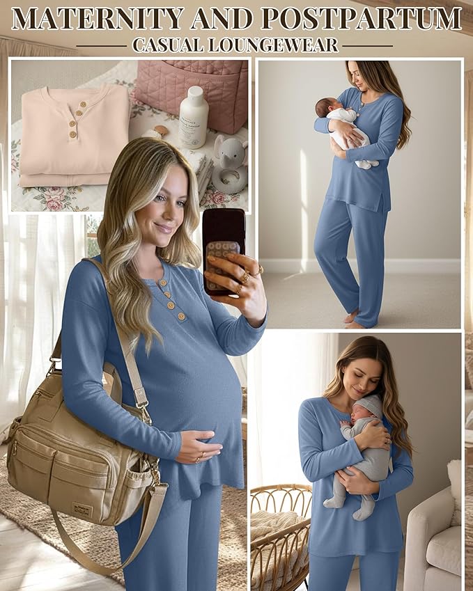 2 Piece Thermal Maternity Lounge Set Postpartum Pregnancy Fleece Loungewear Long Sleeve Top and Wide Leg Pant