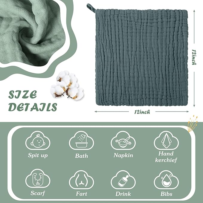 8 Pcs Baby Washcloths for Newborn 12 x 12 Inch Muslin Face Towels Cotton Absorbent for Delicate Skin Soft Muslin Cloth Reusable Baby Registry as Shower Gift, 4 Colors(Green Color)