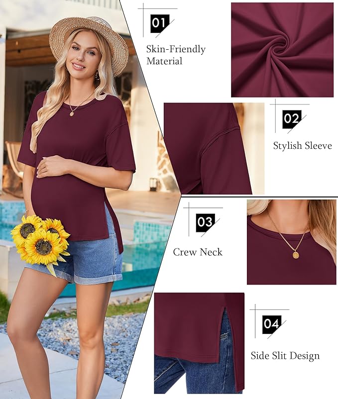 Ekouaer Maternity Shirts 3 Packs Short Sleeve Womens Oversized Pregnancy Tops Split Side Postpartum Blouse Clothes S-XXL