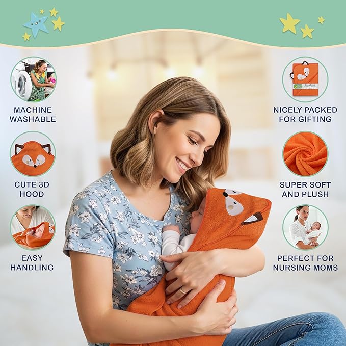 Mother's Choice Organic Baby Hooded Towel – Ultra-Soft & Absorbent Baby Bath Towels for Newborn with 3D Orange Fox Design