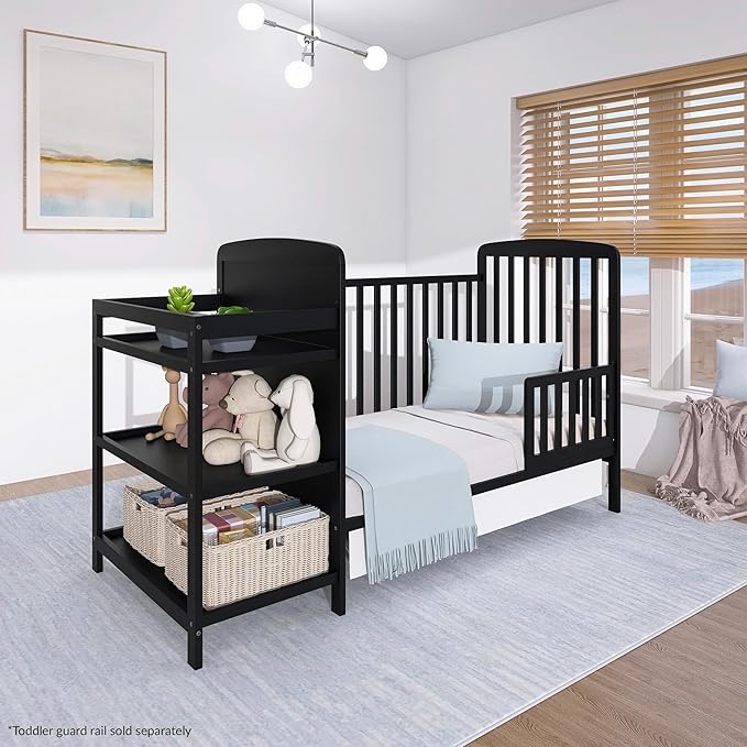 Dream On Me Anna 3-in-1 Convertible Full-Size Baby Crib & Changer with Storage in Black, GreenGuard Gold & JPMA, Pinewood, Converts to Day & Toddler Bed, 3 Mattress Heights, 1″ Changing Pad