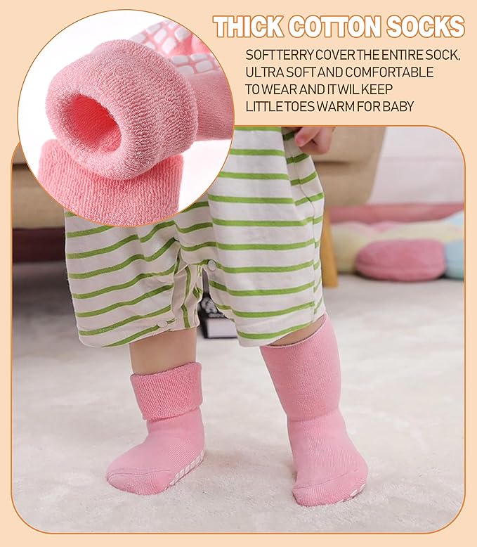 LANLEO Baby Girls Boys Non Slip Socks with Grips Toddler Kids Unisex Warm Thick Cotton Ankle Crew Socks with Grippers