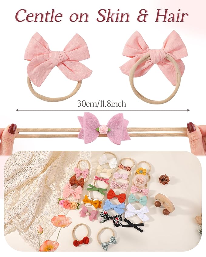 doboi Baby Girl Headbands 24PCS Nylon Linen Handmade Hairbands with Hair Bows and Accessories for Newborns, Infants, Toddlers, and Little Kids