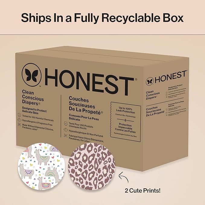 The Honest Company Comfort Dry Disposable Diapers for Sensitive Skin, Hypoallergenic, Wild Thang + All The Alpacas, Super Club Box Size 4 (22–37 lbs) 104 Count