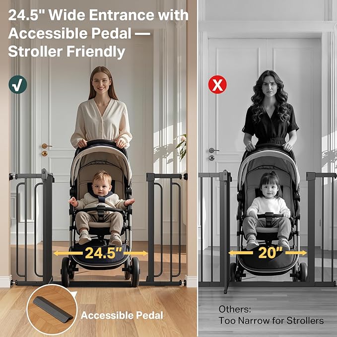 Cumbor 36.6-59" Extra Wide Baby Gate for Stairs, Pressure Mounted Dog Gate for Doorways, Auto-Close Easy Walk Through Safety Child Gate for Kids Toddler, Tall Pet Gates Indoor, Black