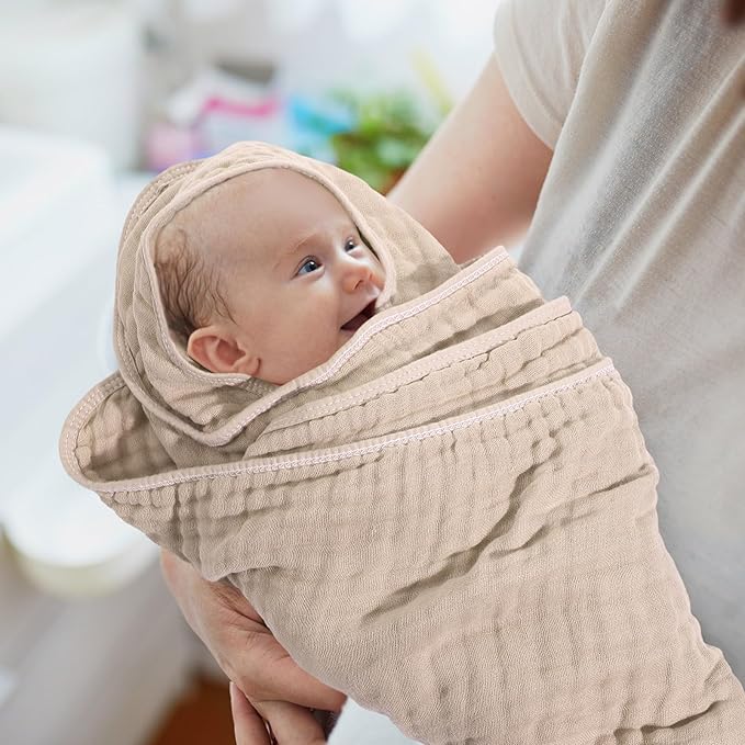 Peryiter 4 Pcs Muslin Hooded Baby Towels 32x32inch Cotton Newborn Bath Essentials Muslin Infant Blankets Absorbent Registry Baby Shower Present for Babies Girl Boy Kids (Beige Series)