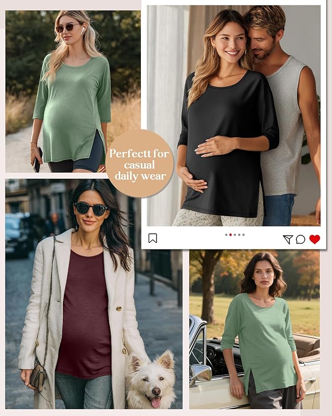 3 Pack Women's 3/4 Sleeve Maternity Shirts Elbow Length Clothes Round Neck Tunics Pregnancy Loose Side Split Tops