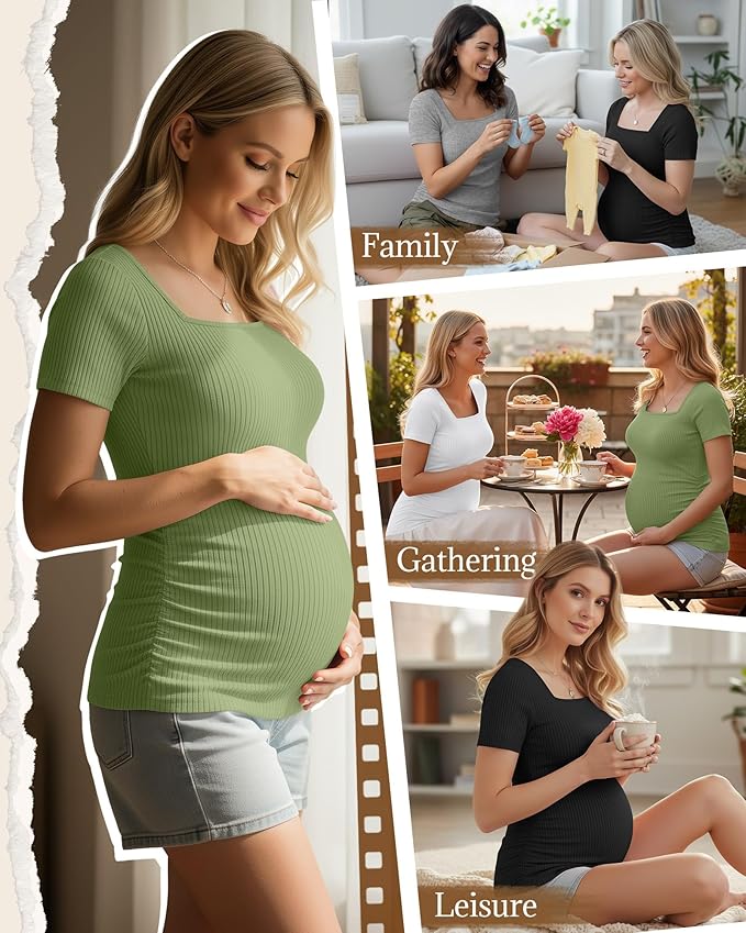 Huukeay 4 Pack Women's Maternity Shirts Cotton Ribbed Short Sleeve Square Neck Pregnancy Tops Side Ruched Summer Tee
