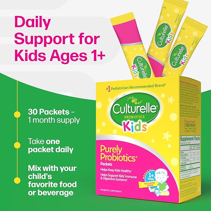 Culturelle Kids Daily Probiotic Packets for Kids, (Ages 3+) - 30 Count - From the 1 Pediatrician-Recommended Brand – Flavorless Daily Probiotics for Digestive Health & Immune Support