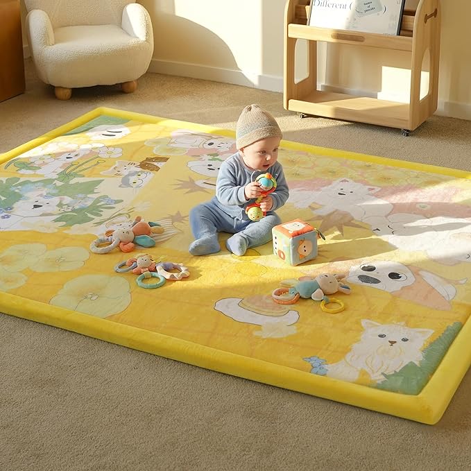 1.5" Thick Educational Large Baby Floor Play Mat 79x118, Flannel Padded Memory Foam Kids Mat, Non-Slip Plush Playmat for Nursery Playroom Classroom ((Dog)