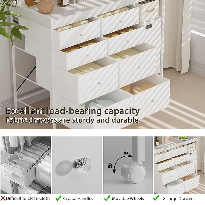 47.2" Nursery Dresser with 8 Drawers and Changing Table Top Baby Changing Station Dresser with 1 Open Shelf and 1 Laundry Hamper Diaper Changing Station Mobile Nursery Organizer,White