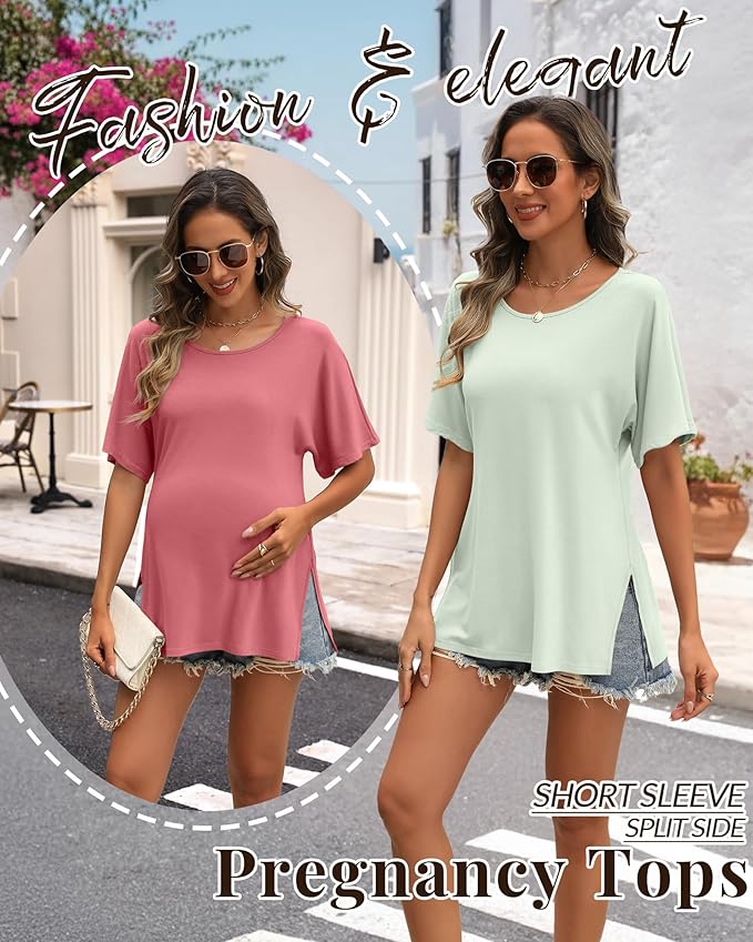 Riyiper 3 Pack Women's Maternity Tunic Shirts Cotton Summer Pregnancy Clothes Loose Oversized Split Side Blouse Tops