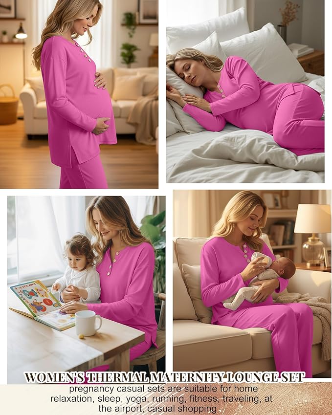 2 Piece Thermal Maternity Lounge Set Postpartum Pregnancy Fleece Loungewear Long Sleeve Top and Wide Leg Pant