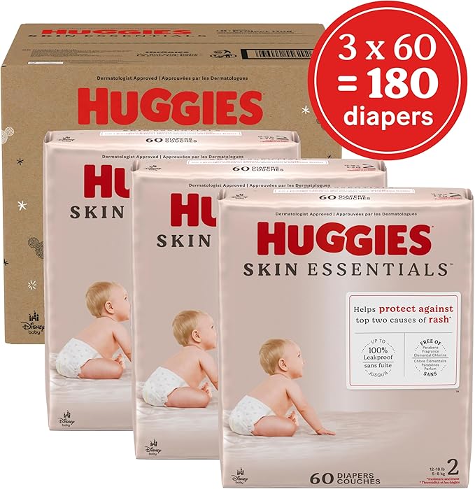 Huggies Size 2 Diapers, Skin Essentials Baby Diapers, Size 2 (12-18 lbs), 180 Count (3 Packs of 60)