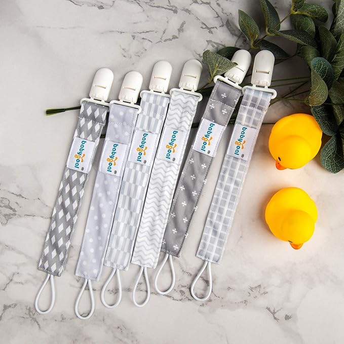 babygoal Neutral Grey Pacifier Clips, 6 Pack Binky Paci Holder Clip and Leash Fits for Most Pacifiers and Binkies 6PS09