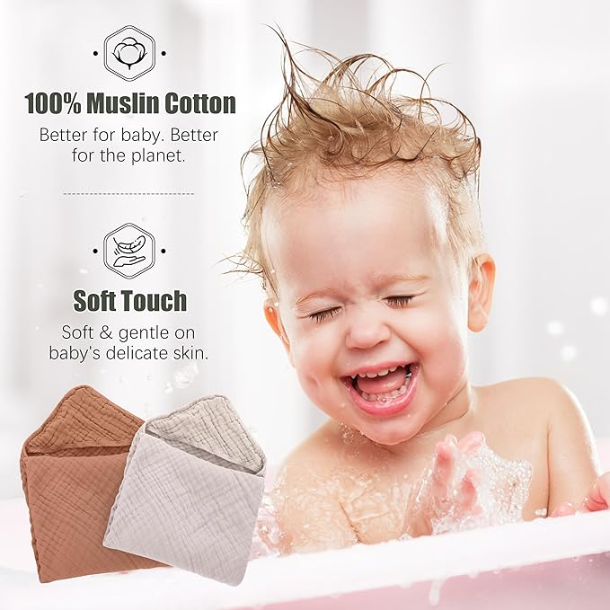 2 Pack Hooded Baby Towels - 100% Muslin Cotton for Newborns, Infants, Toddlers - Large 32x32 Inch Size - Highly Absorbent and Essential for Newborn Care, Light Bean Paste