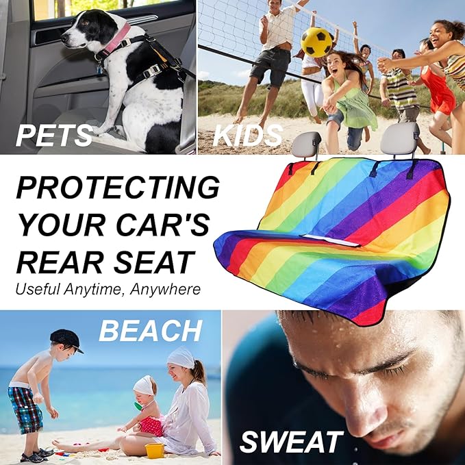 Back Seat Cover Protector for Dogs and Kids, Universal Waterproof Towel Rear Bench Seat Cover for Car, Truck, Van & SUV, Machine-Washable Backseat Car Covers (Rainbow, 1pcs Rear Seat)