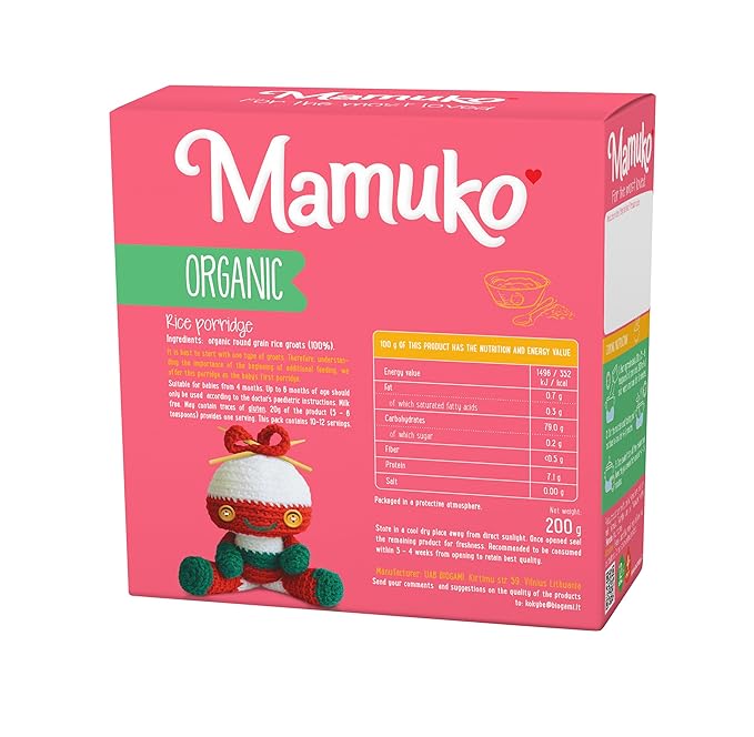 MAMUKO Organic Porridge - Rice Porridge with No Added Sugar, Milk & Preservatives - High Fiber Porridge Developed with EU Experts - Healthy Porridge Ideal for Little Ones from 4+ Months - 12 Servings
