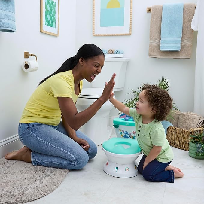 Bright Starts Disney Junior Stitch My Size Potty Training Toilet, Toddler Potty Chair with Flushing & Cheering Sounds, Removable Seat with Splash Guard & Handles, Ages 18+ Months, Up to 50 lbs
