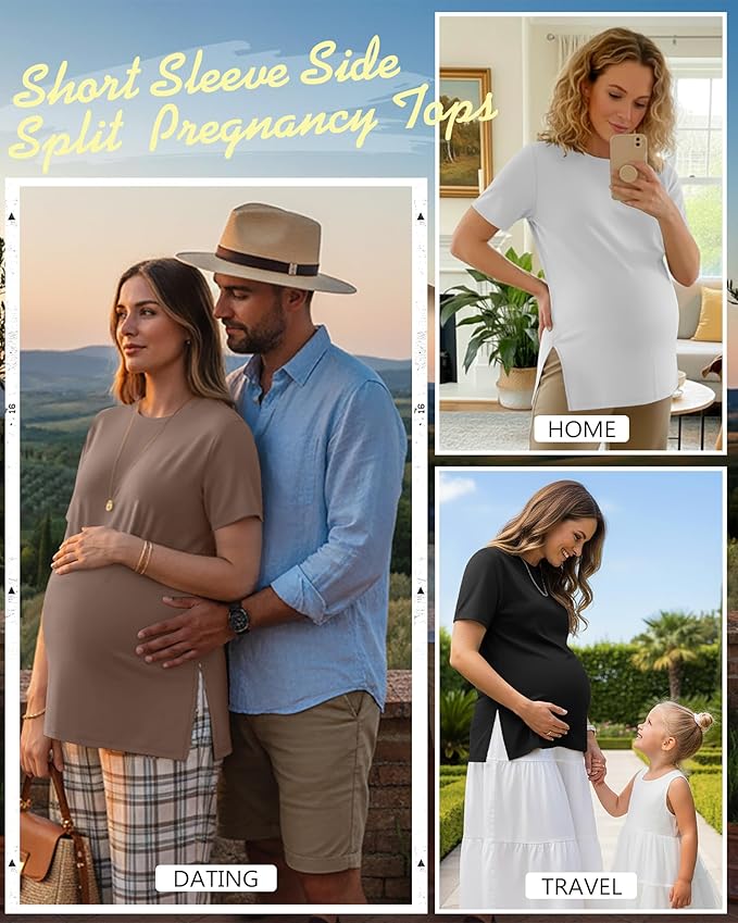 Ficerd 3 Pack Women's Maternity T Shirts, Short Sleeve Side Split Pregnancy Tops Casual Crew Neck Pregnant Tees Mama Clothes