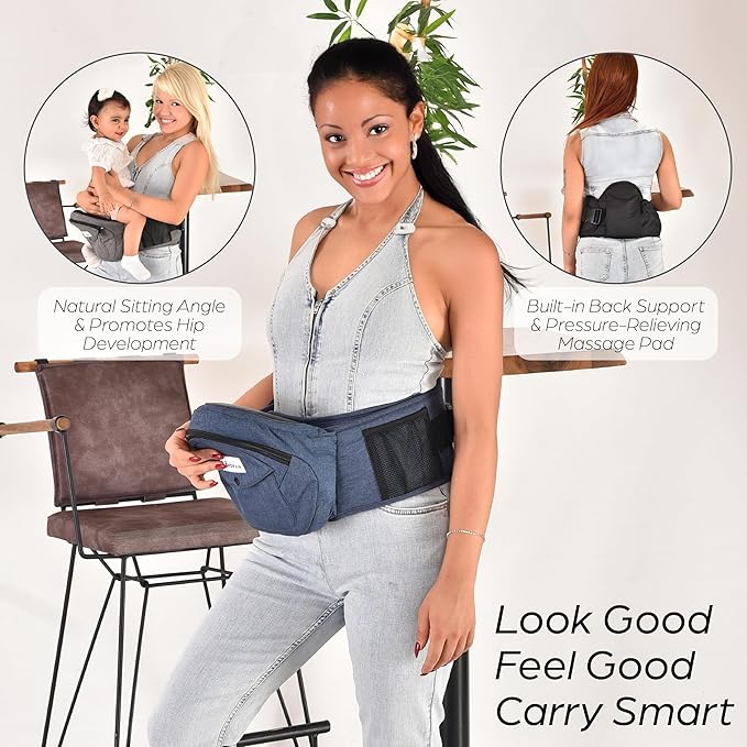 Baby Carrier with Hip Seat - with Lumbar & Back Support – Adjustable Waistband with Strong Support - Health Certified, Machine Washable, Fits Medium–Large (Black)