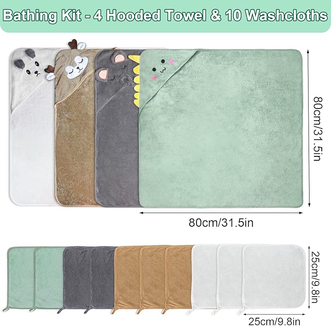 14PCS Baby Bath Towels Set, Includes 4 Hooded Towels (31.5”x31.5”) & 10 Washcloths, Ultra Soft & Absorbent Coral Fleece, for Newborn to Toddler, Essential
