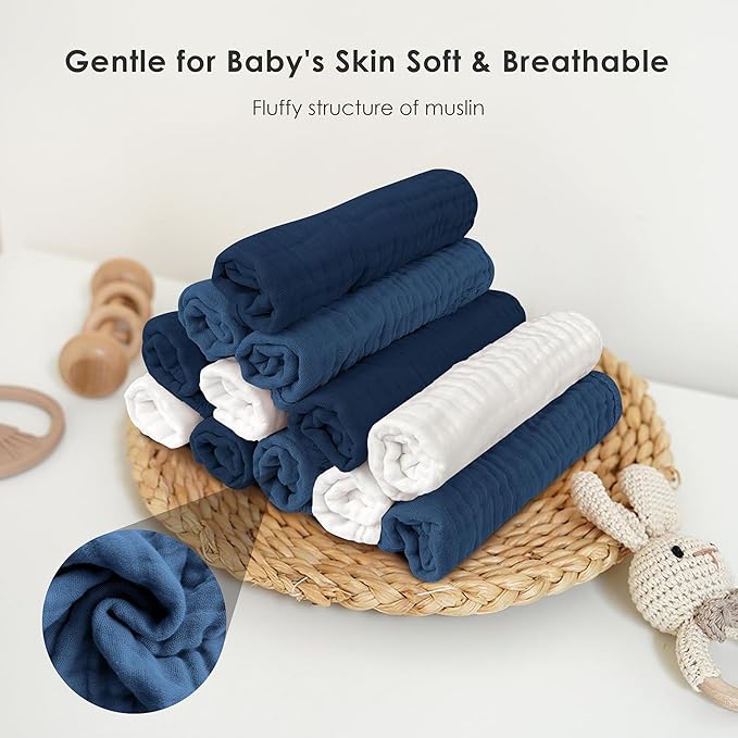 Sunny zzzZZ Baby Muslin Washcloths -100% Cotton Muslin Soft Baby Bath Wash Cloths and Absorbent Burp Cloths for Newborns Kids Girls and Boys -12 Pack, 12x12 Inches - White+Deep Navy Series