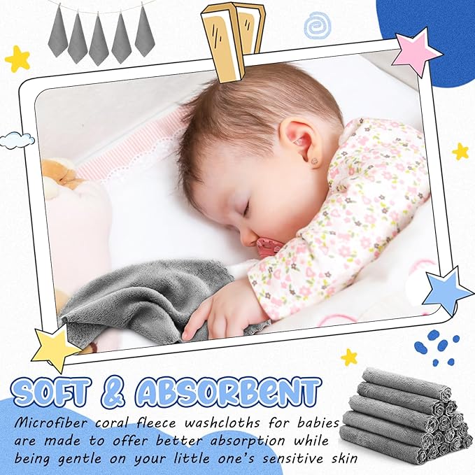 Handepo 100 Pack Baby Washcloths Bulk 10 x 10 Inch Microfiber Coral Fleece Baby Face Towels Absorbent and Soft Wash Cloths for Newborns Infants and Toddlers (Grey)