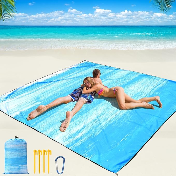 Beach Blanket Waterproof Sandproof Beach Mat 79" X 83"/10'x9'for 2-8 Adults Quick Drying Outdoor Picnic Mat Beach Accessories for Travel, Camping, Hiking