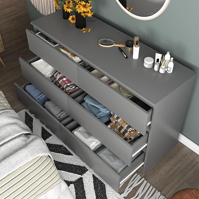 Grey Dresser for Bedroom,48'' Modern 6 Drawer Dresser with Deep Drawer,Storage Wide Chest of Drawers,Wood Bedroom Storage Furniture for Living Room,Closet