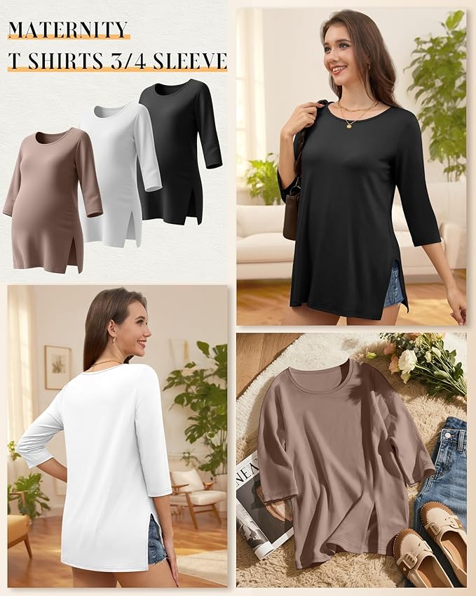 3 Pack Women's 3/4 Sleeve Maternity Shirts Elbow Length Clothes Round Neck Tunics Pregnancy Loose Side Split Tops