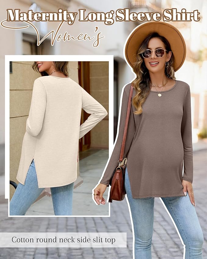 Riyiper 3 Pack Women's Maternity Long Sleeve T-Shirts Round Neck Side Split Tops Loose Casual Pregnancy Mama Clothes Fall